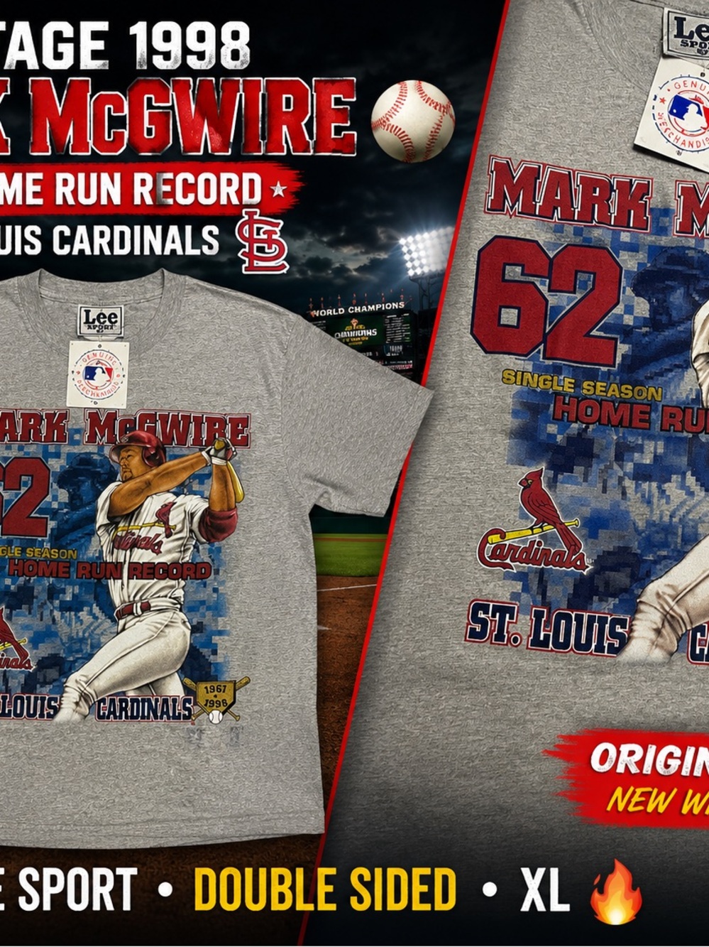 Vintage 1998 Mark McGwire 62 Home Run Record T Shirt Lee Sport MLB NWT XL